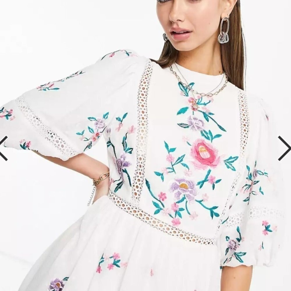 ASOS DESIGN White Floral Embroidered Puff Sleeve Lace Midi Dress US 4 UK 8 Boho